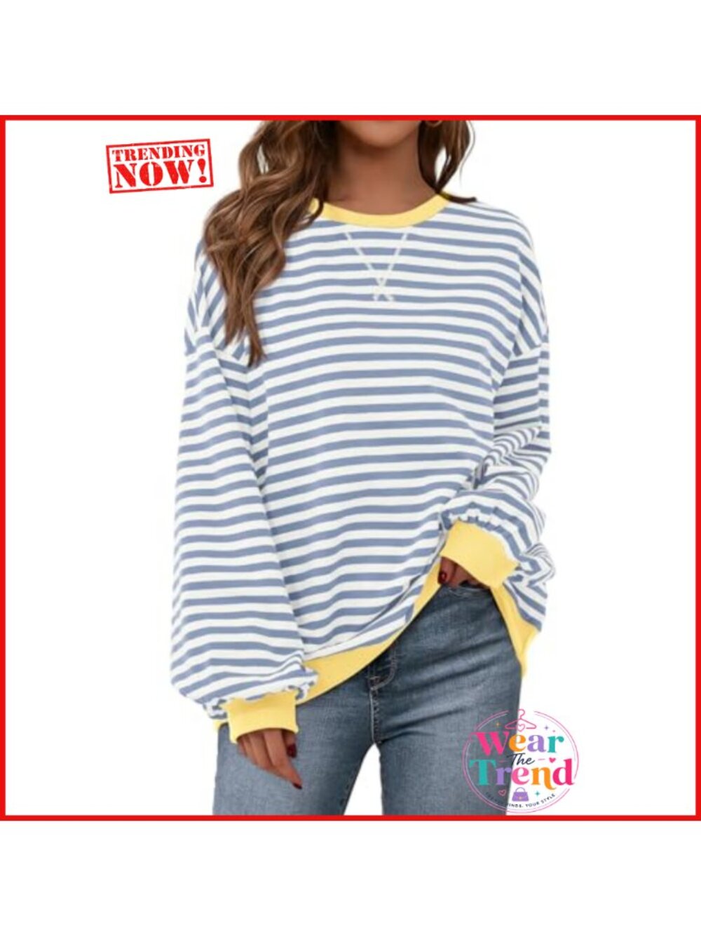 Cotton Blend Striped Oversized Crewneck Sweatshirt Long Sleeve Drop Shoulder